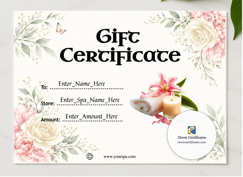 Spa Gift Certificate presented in a sleek wooden frame, elegantly arranged on a stylish table.