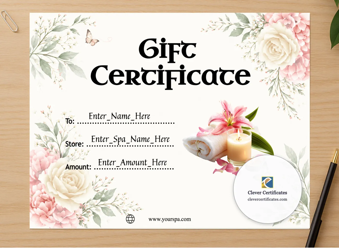 Professional preview of Spa Gift Certificate certificate on high-quality stationery paper, ideal for showcasing the final look.
