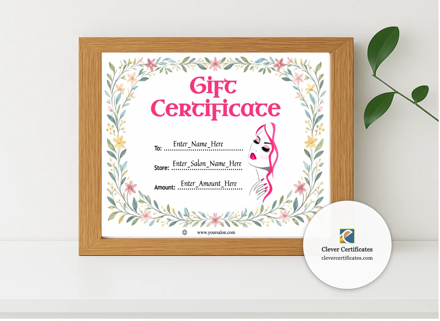 Realistic mockup featuring Salon Gift Certificate displayed within a modern frame, set against a minimalistic background.