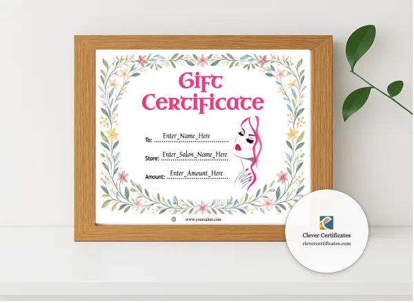 Realistic mockup featuring Salon Gift Certificate displayed within a modern frame, set against a minimalistic background.