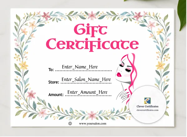 Salon Gift Certificate presented in a sleek wooden frame, elegantly arranged on a stylish table.