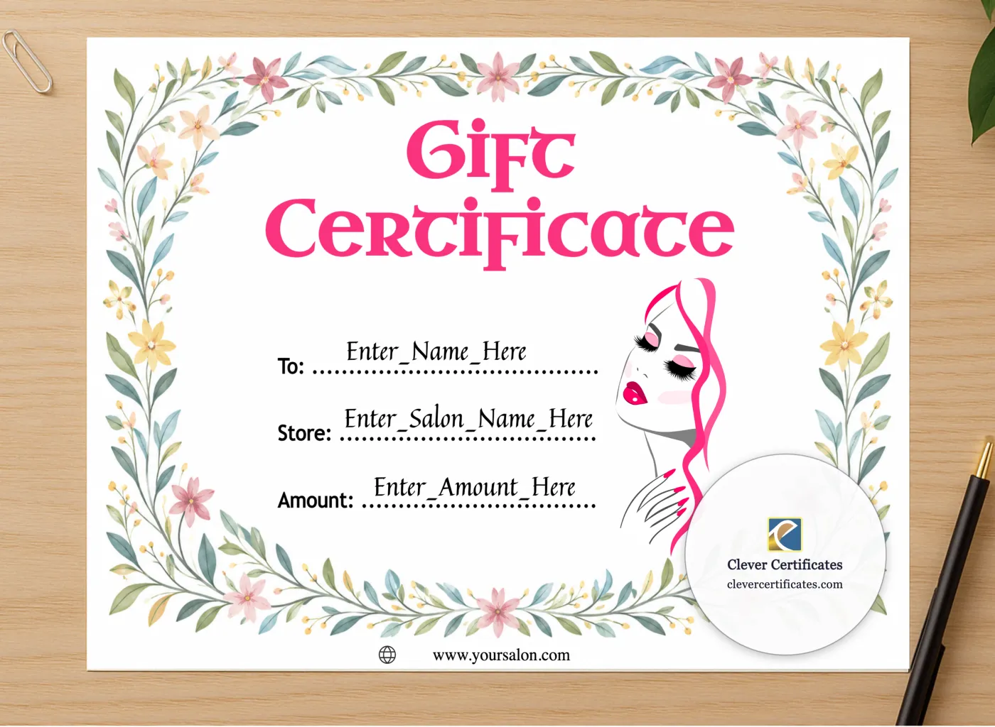 Professional preview of Salon Gift Certificate certificate on high-quality stationery paper, ideal for showcasing the final look.