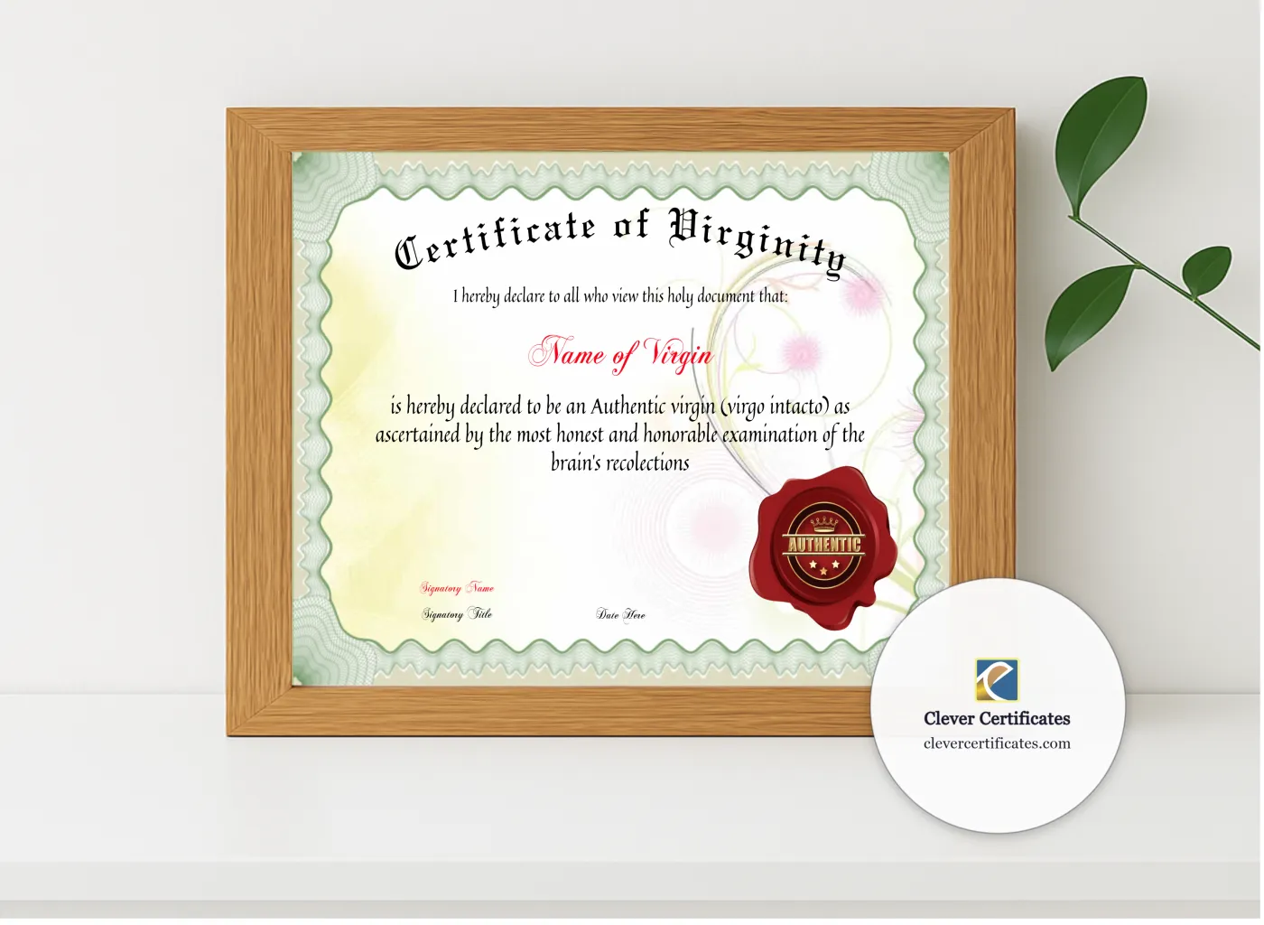 Realistic mockup featuring Certificate Of Virginity displayed within a modern frame, set against a minimalistic background.