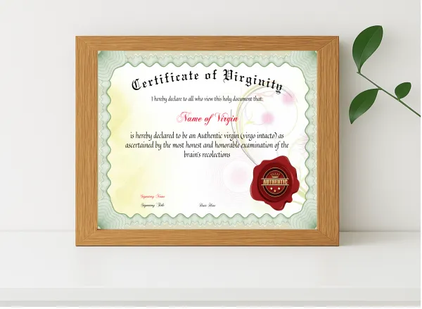Realistic mockup featuring Certificate Of Virginity displayed within a modern frame, set against a minimalistic background.