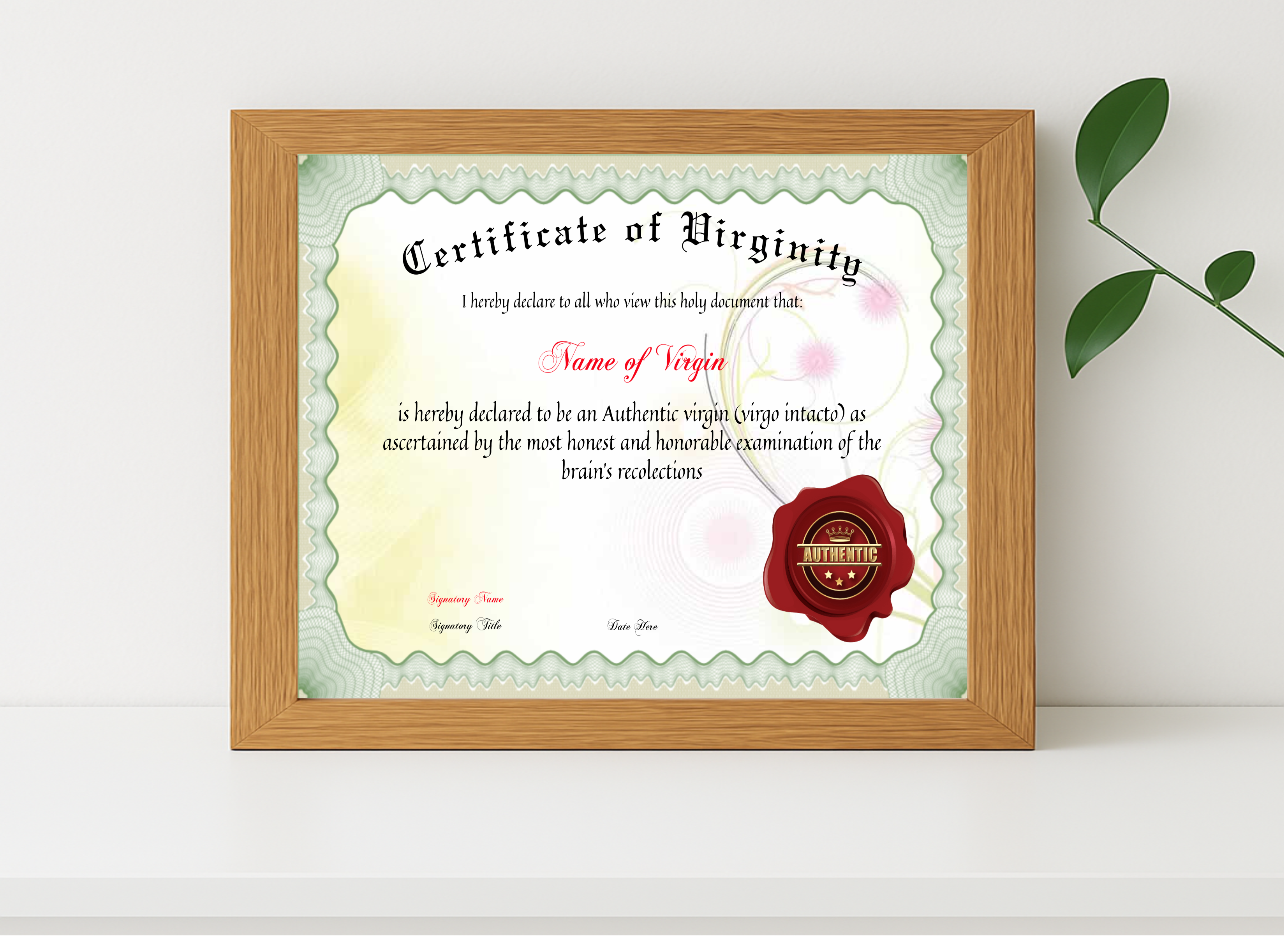 Realistic mockup featuring Certificate Of Virginity displayed within a modern frame, set against a minimalistic background.
