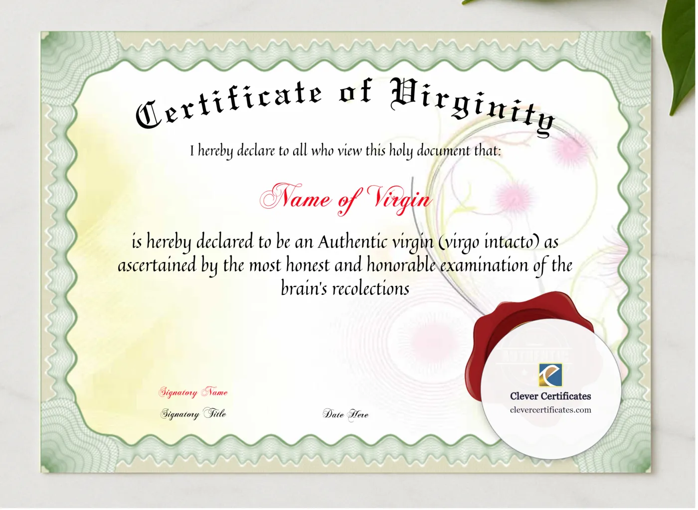 Certificate Of Virginity presented in a sleek wooden frame, elegantly arranged on a stylish table.