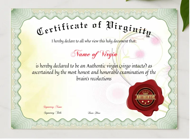Certificate Of Virginity presented in a sleek wooden frame, elegantly arranged on a stylish table.