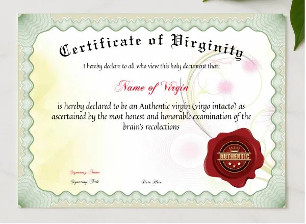 Certificate Of Virginity presented in a sleek wooden frame, elegantly arranged on a stylish table.
