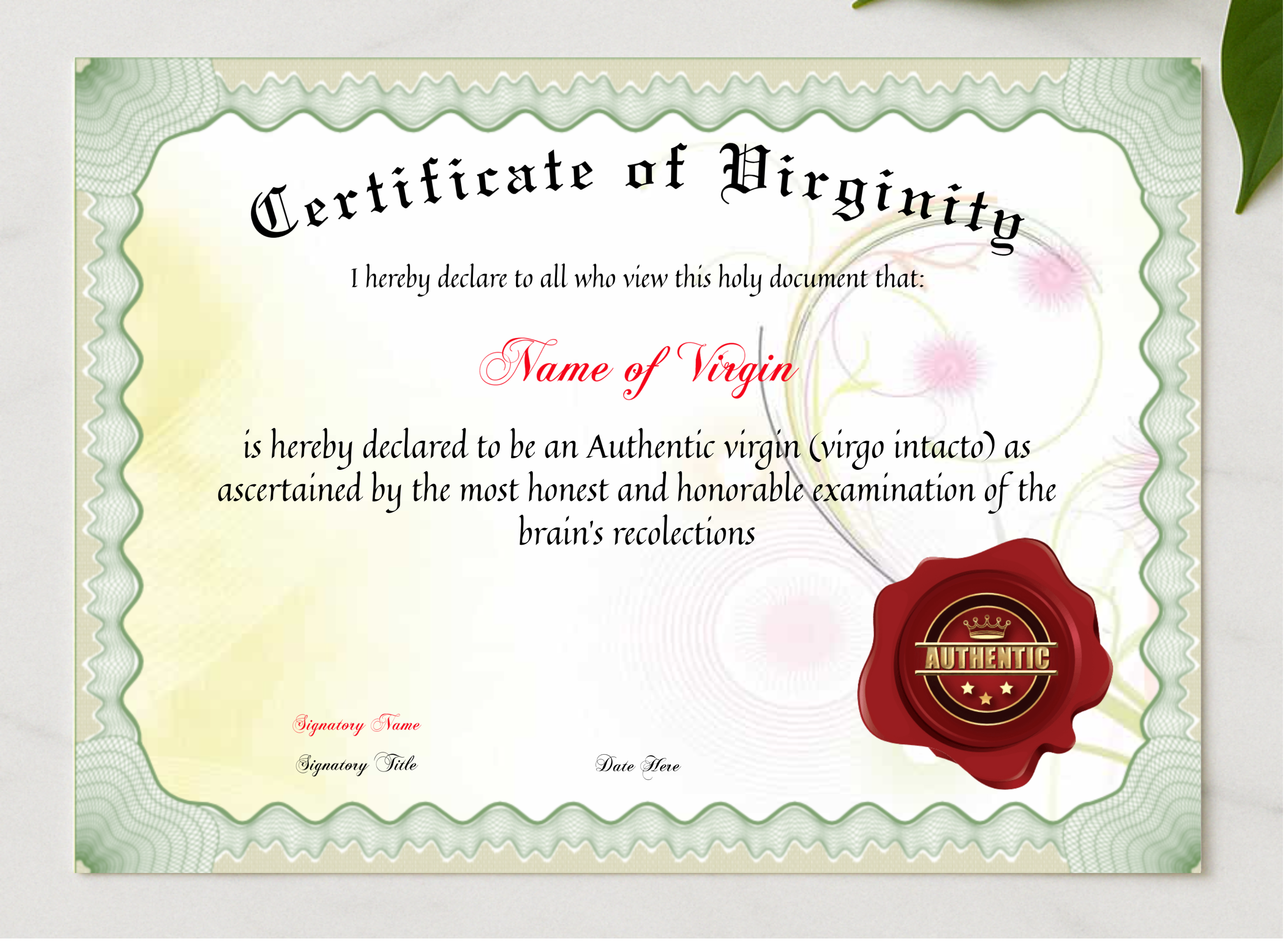 Certificate Of Virginity presented in a sleek wooden frame, elegantly arranged on a stylish table.