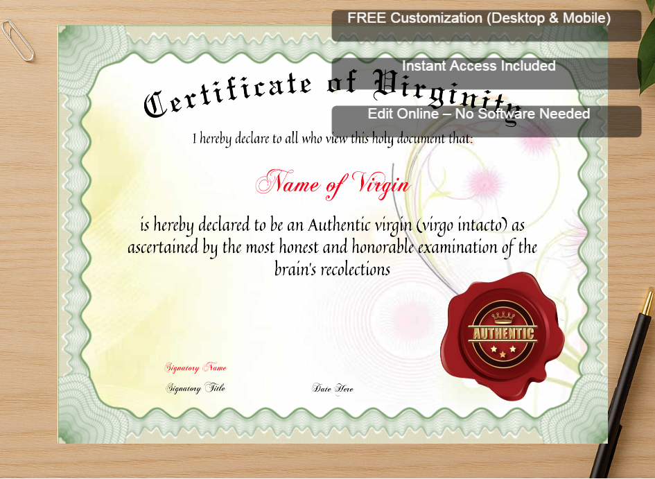 Zoomed preview with Free Editor badge stack for Certificate Of Virginity