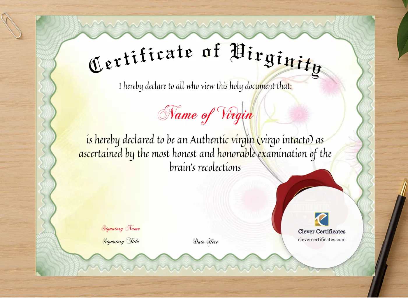 Professional preview of Certificate Of Virginity certificate on high-quality stationery paper, ideal for showcasing the final look.