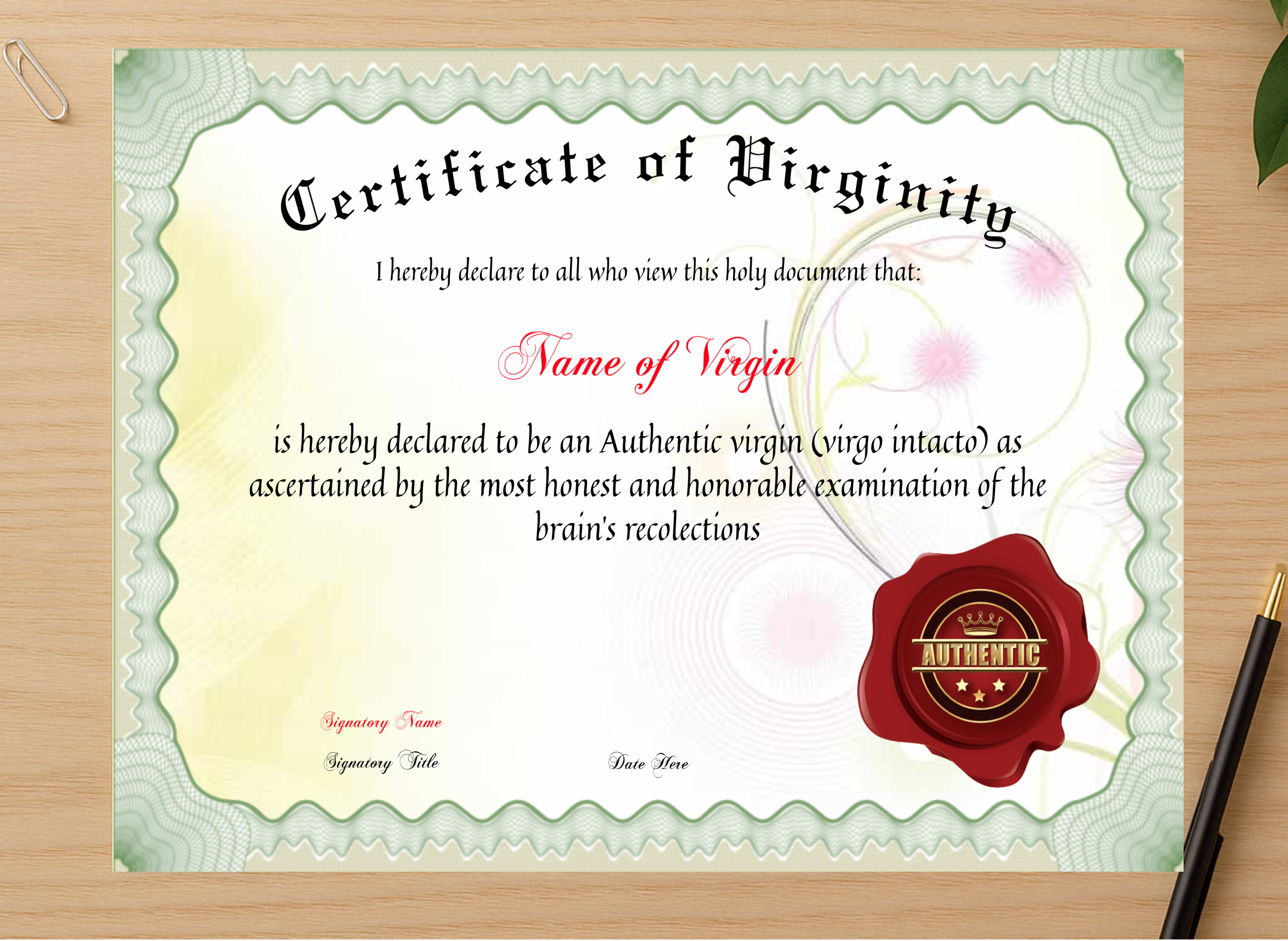 Professional preview of Certificate Of Virginity certificate on high-quality stationery paper, ideal for showcasing the final look.