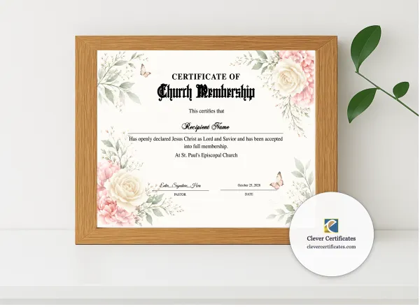 Realistic mockup featuring Church Membership Certificate Landscape displayed within a modern frame, set against a minimalistic background.