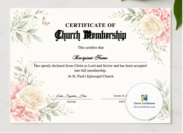 Church Membership Certificate Landscape presented in a sleek wooden frame, elegantly arranged on a stylish table.