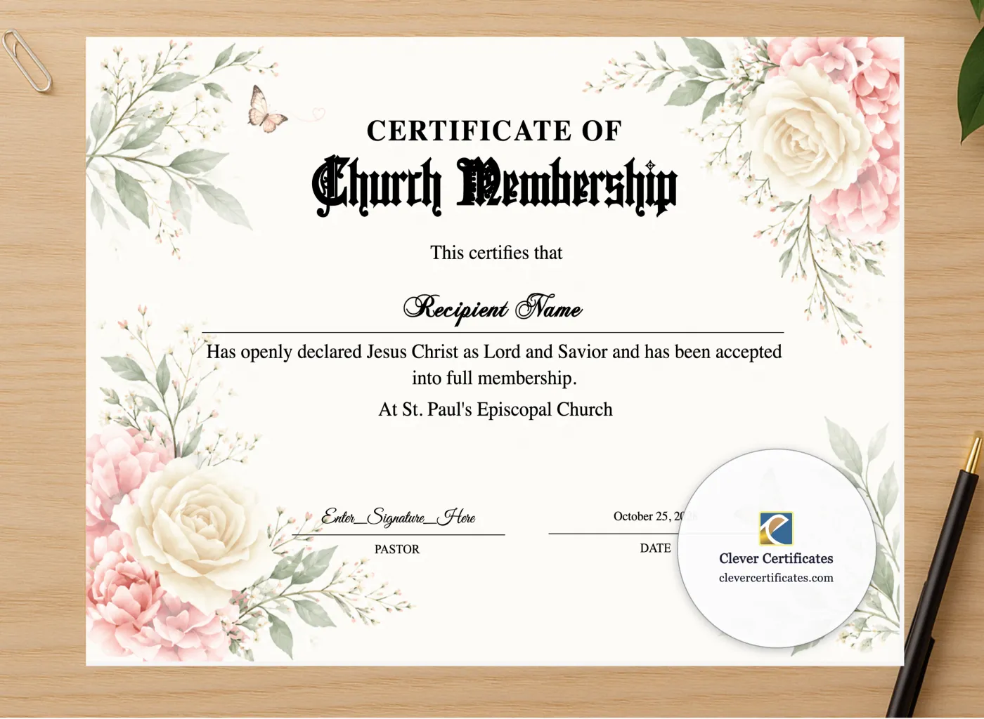 Professional preview of Church Membership Certificate Landscape certificate on high-quality stationery paper, ideal for showcasing the final look.