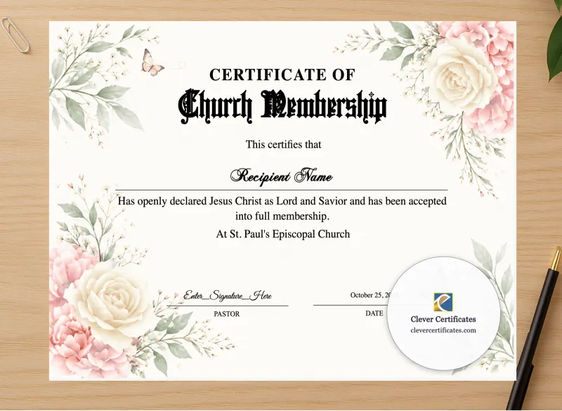 Professional preview of Church Membership Certificate Landscape certificate on high-quality stationery paper, ideal for showcasing the final look.