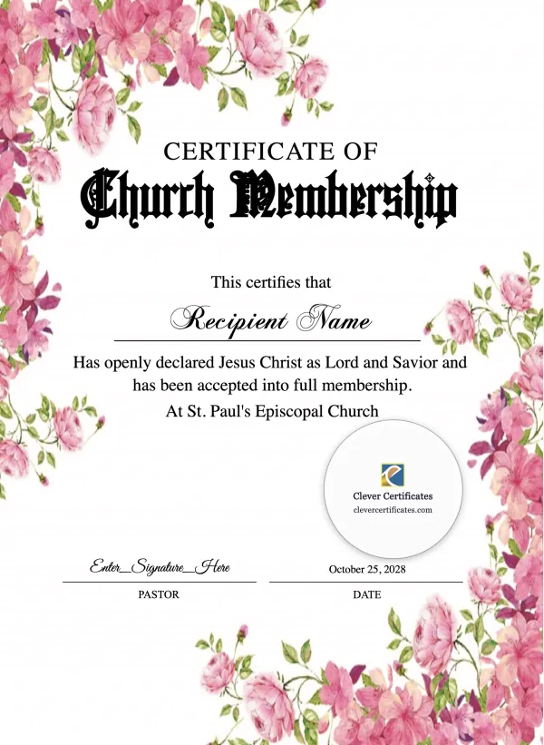 Church Membership Certificate Portrait — Certificate Template Preview