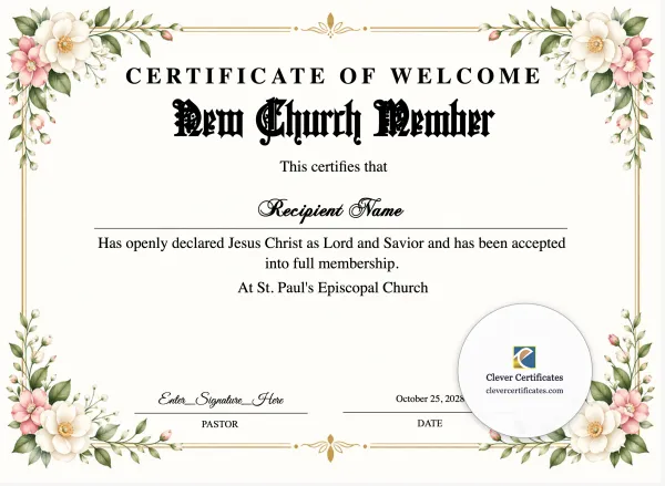 Free New Church Member Welcome Certificate