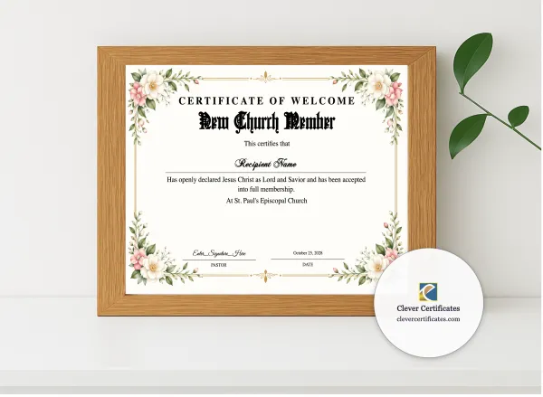 Realistic mockup featuring New Church Member Welcome Certificate displayed within a modern frame, set against a minimalistic background.