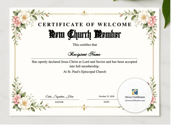 New Church Member Welcome Certificate presented in a sleek wooden frame, elegantly arranged on a stylish table.