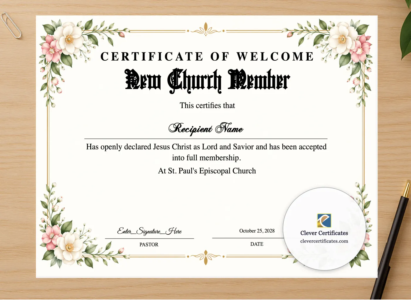 Professional preview of New Church Member Welcome Certificate certificate on high-quality stationery paper, ideal for showcasing the final look.