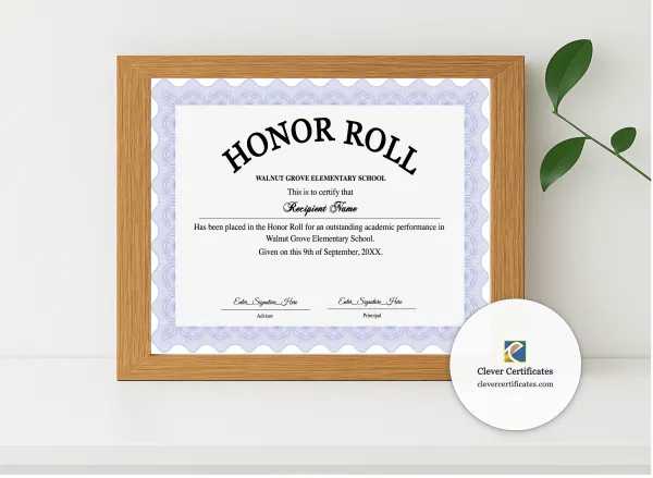 Realistic mockup featuring Honor Roll Certificate displayed within a modern frame, set against a minimalistic background.