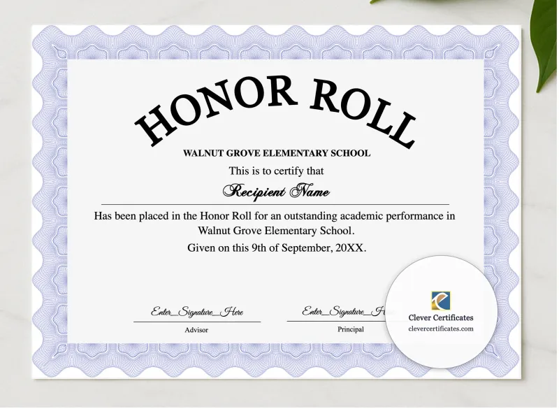 Honor Roll Certificate presented in a sleek wooden frame, elegantly arranged on a stylish table.