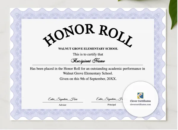 Honor Roll Certificate presented in a sleek wooden frame, elegantly arranged on a stylish table.