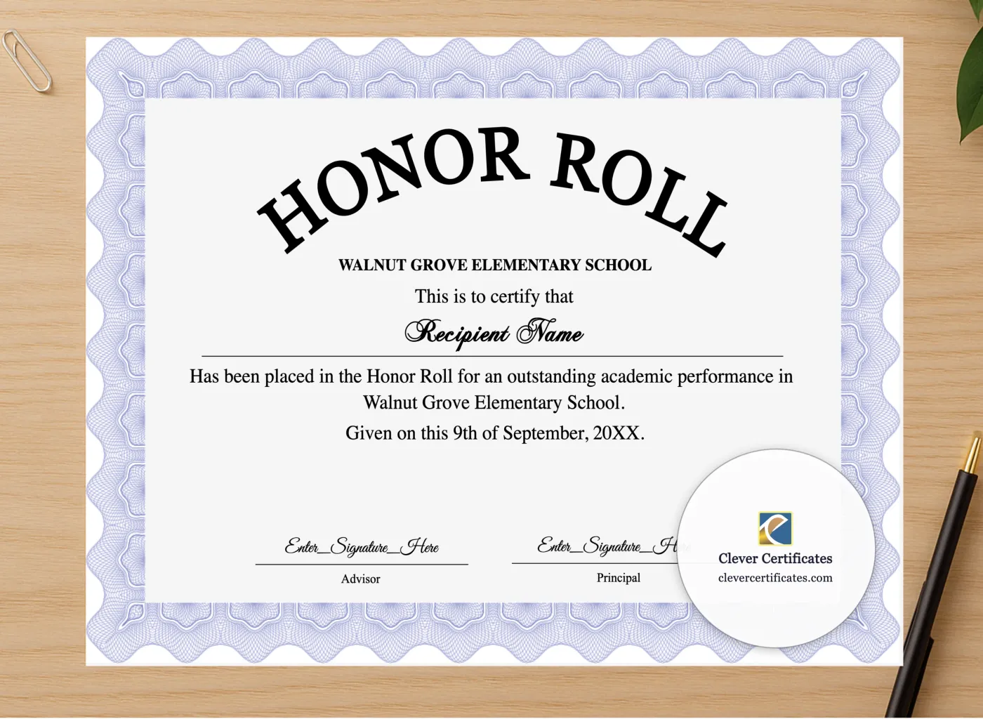 Professional preview of Honor Roll Certificate certificate on high-quality stationery paper, ideal for showcasing the final look.