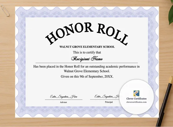 Professional preview of Honor Roll Certificate certificate on high-quality stationery paper, ideal for showcasing the final look.