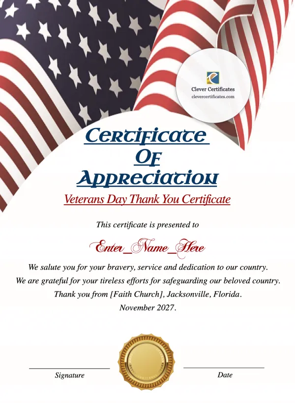 Veterans Day Thank You Certificate — Certificate Template Preview