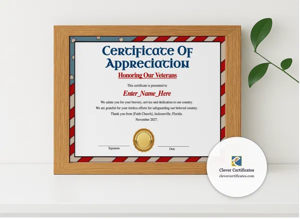 Realistic mockup featuring Certificate Of Honor For Veterans displayed within a modern frame, set against a minimalistic background.