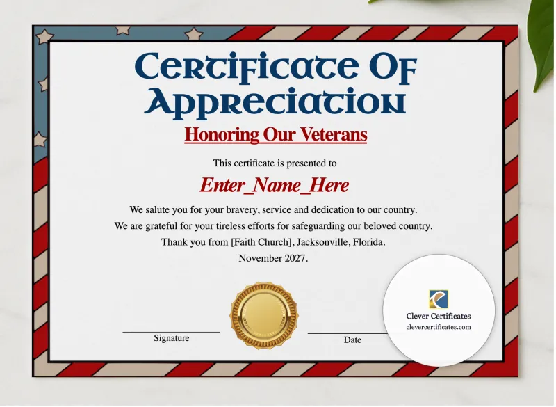 Certificate Of Honor For Veterans presented in a sleek wooden frame, elegantly arranged on a stylish table.