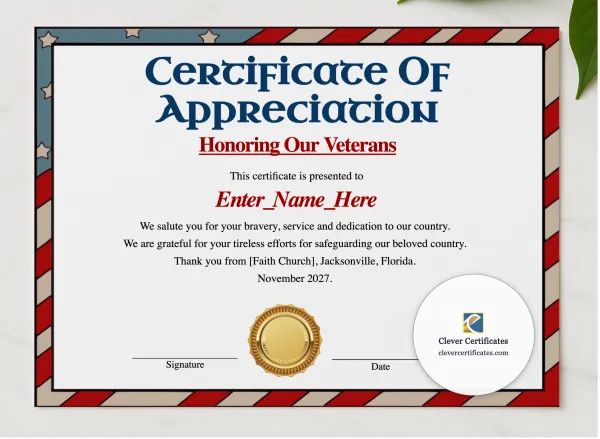 Certificate Of Honor For Veterans presented in a sleek wooden frame, elegantly arranged on a stylish table.