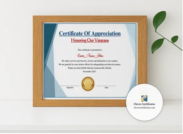Realistic mockup featuring Thank You For Your Service Certificate displayed within a modern frame, set against a minimalistic background.