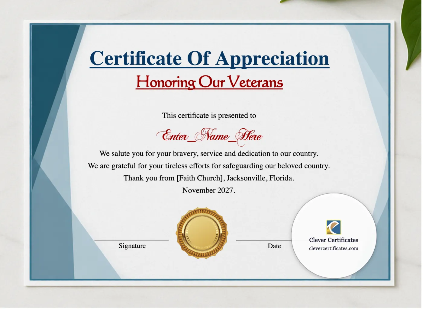 Thank You For Your Service Certificate presented in a sleek wooden frame, elegantly arranged on a stylish table.