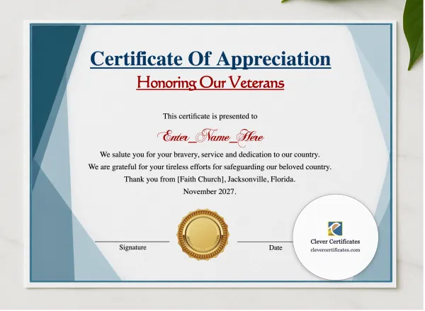 Thank You For Your Service Certificate presented in a sleek wooden frame, elegantly arranged on a stylish table.