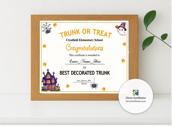 Realistic mockup featuring Best Decorated Trunk Award displayed within a modern frame, set against a minimalistic background.