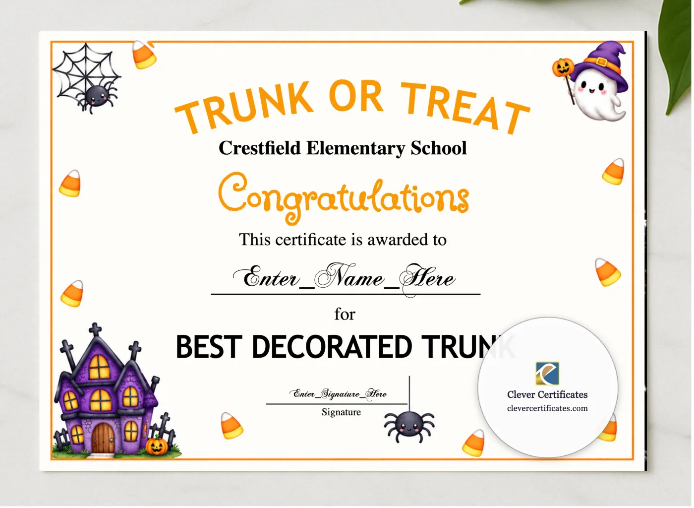 Best Decorated Trunk Award presented in a sleek wooden frame, elegantly arranged on a stylish table.