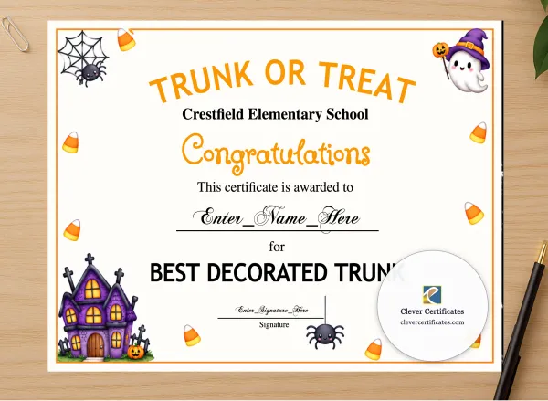 Professional preview of Best Decorated Trunk Award certificate on high-quality stationery paper, ideal for showcasing the final look.