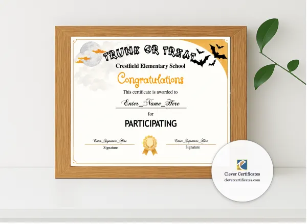 Realistic mockup featuring Trunk Or Treat Participation Certificate displayed within a modern frame, set against a minimalistic background.
