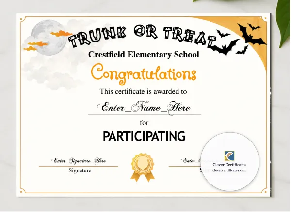 Trunk Or Treat Participation Certificate presented in a sleek wooden frame, elegantly arranged on a stylish table.
