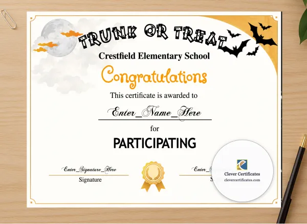 Professional preview of Trunk Or Treat Participation Certificate certificate on high-quality stationery paper, ideal for showcasing the final look.