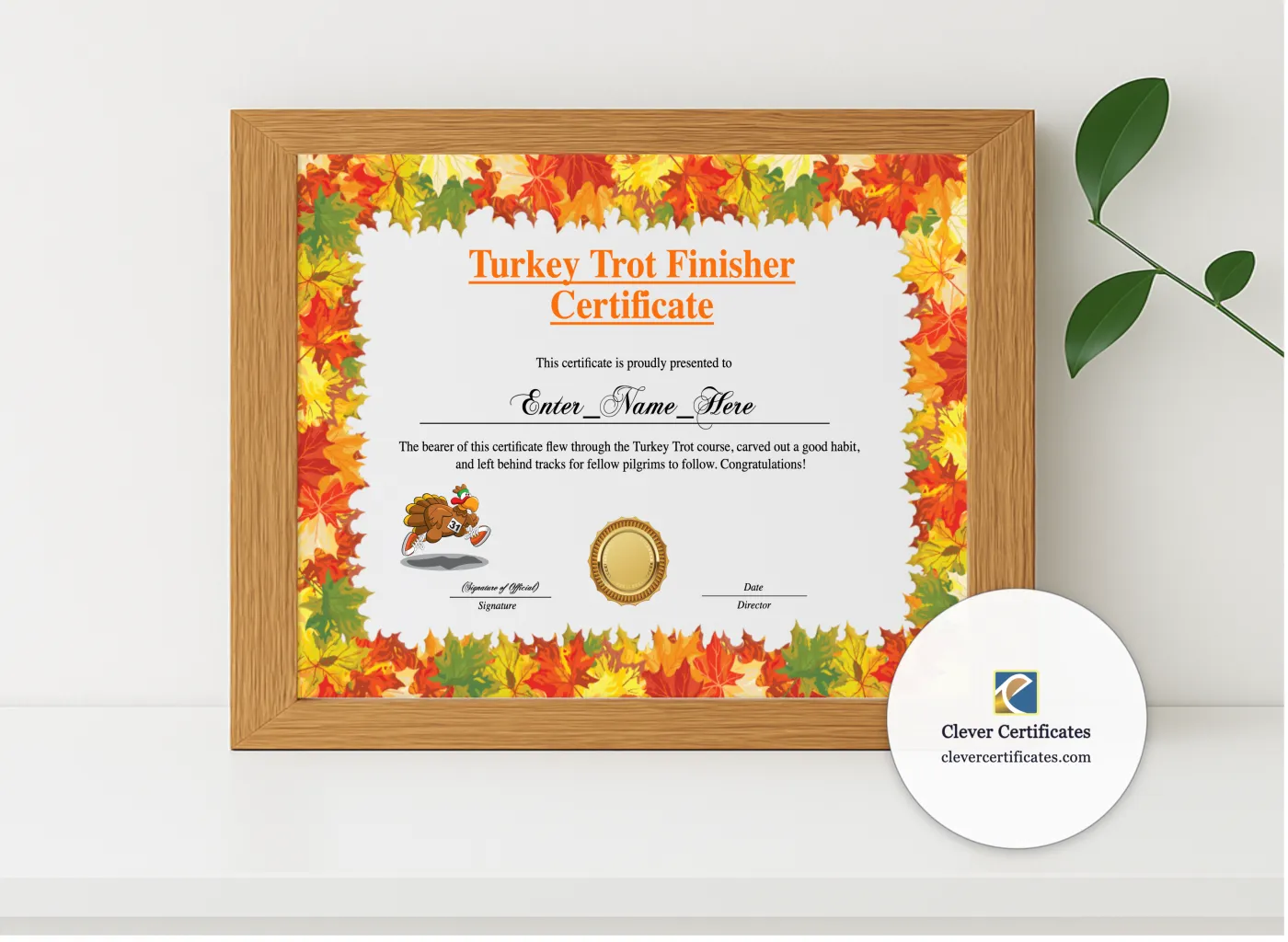 Realistic mockup featuring Turkey Trot Finisher Certificate displayed within a modern frame, set against a minimalistic background.