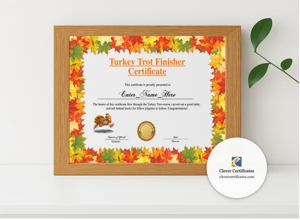 Realistic mockup featuring Turkey Trot Finisher Certificate displayed within a modern frame, set against a minimalistic background.