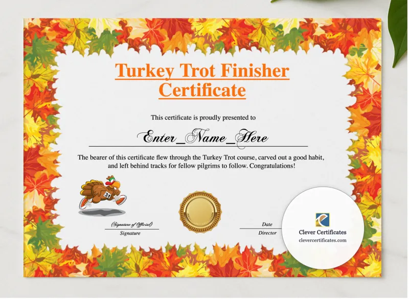 Turkey Trot Finisher Certificate presented in a sleek wooden frame, elegantly arranged on a stylish table.