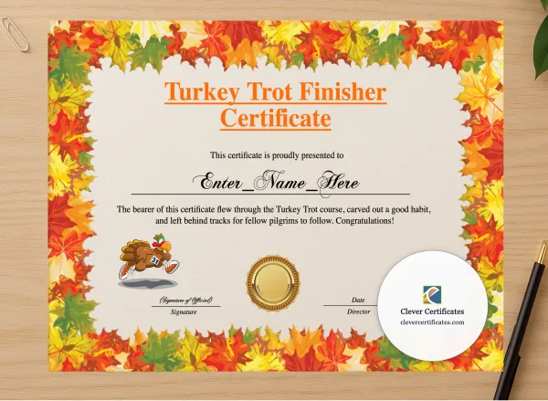 Professional preview of Turkey Trot Finisher Certificate certificate on high-quality stationery paper, ideal for showcasing the final look.