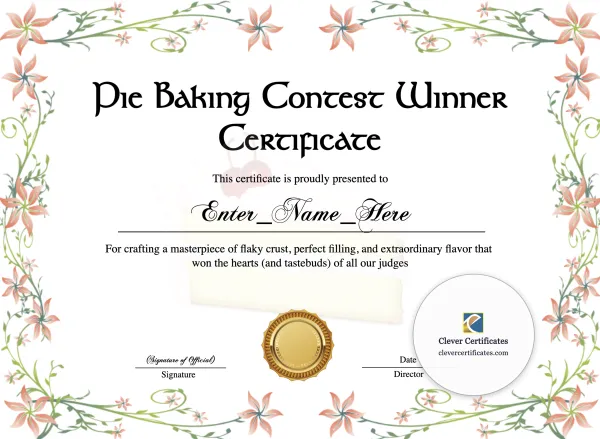 Free Pie Baking Contest Winner Certificate