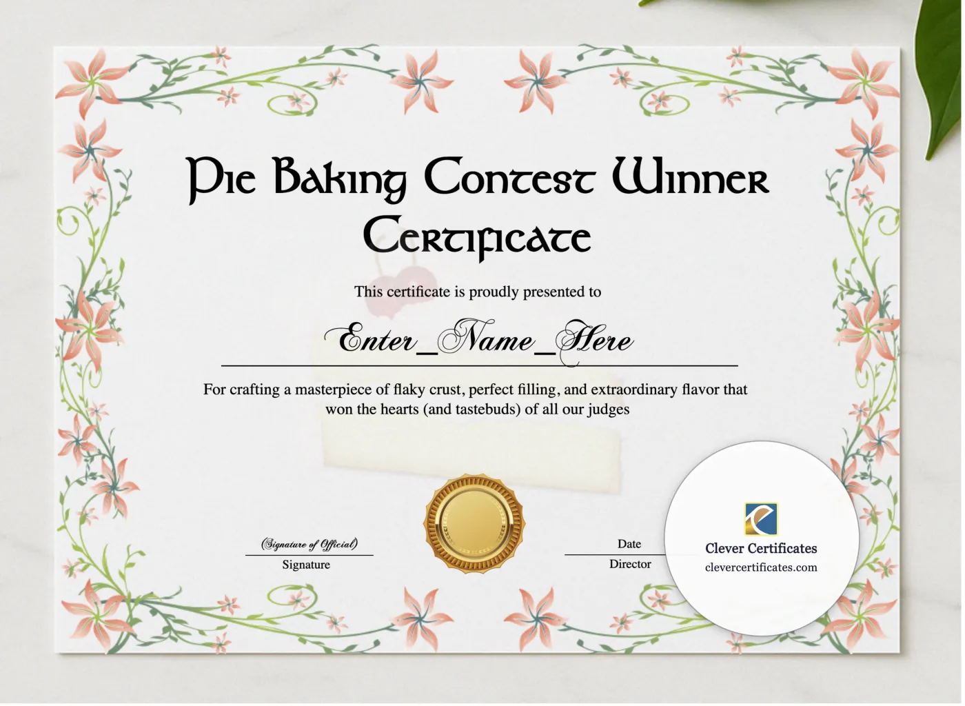 Pie Baking Contest Winner Certificate presented in a sleek wooden frame, elegantly arranged on a stylish table.