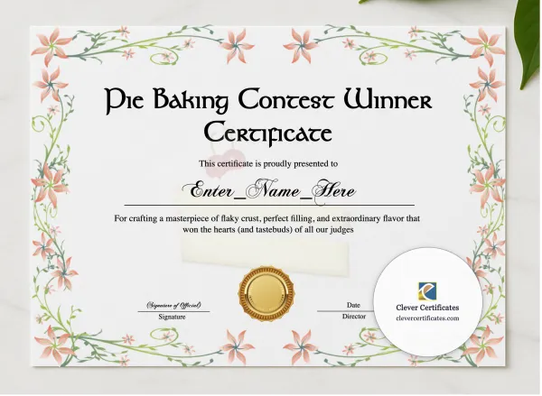 Pie Baking Contest Winner Certificate presented in a sleek wooden frame, elegantly arranged on a stylish table.